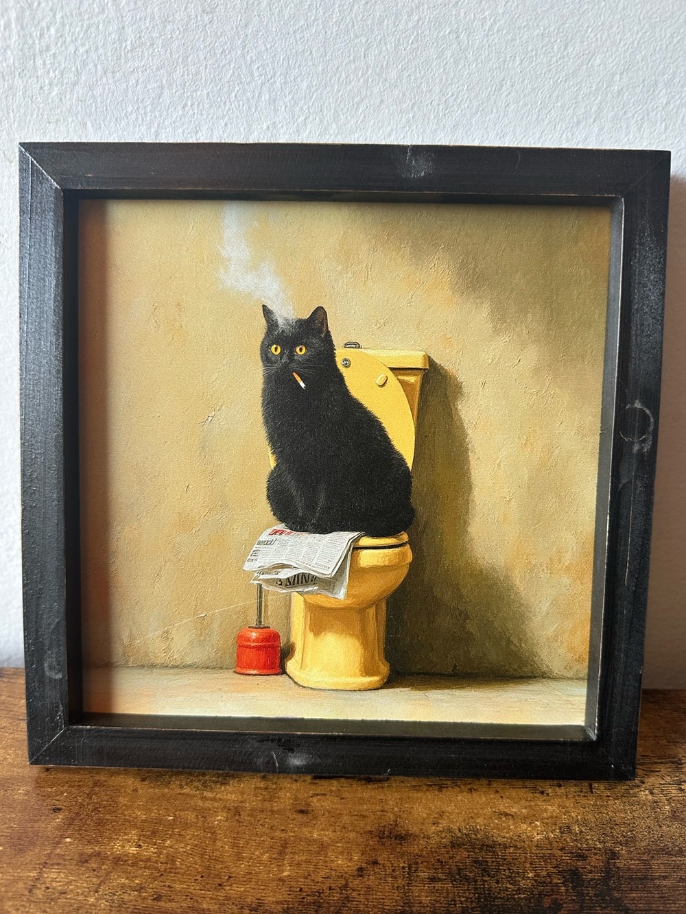 Framed Wooden Black Cat Smoking on Yellow Toilet Art Wall Decor Funny Home NWT